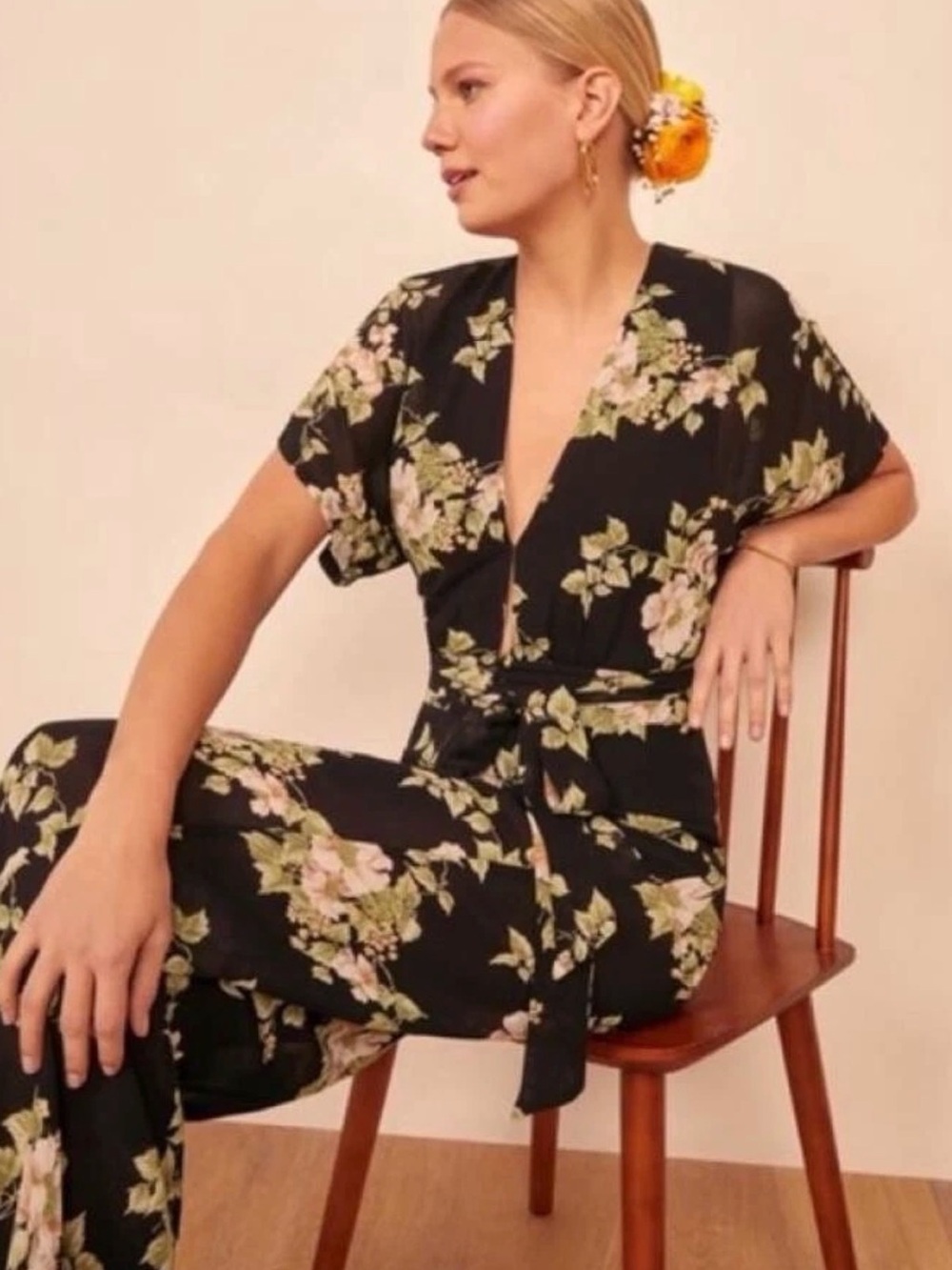 Reformation Lemongrass Jumpsuit Arielle Floral Plunge Kimono Sheer 4